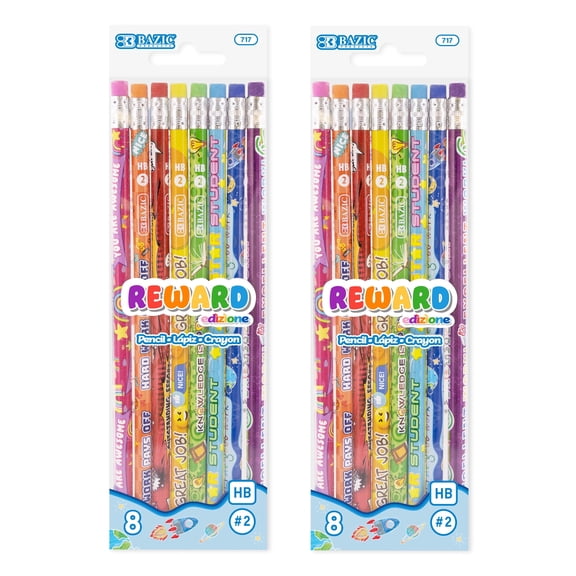 BAZIC Reward Incentive Wood Pencils, Latex Free Eraser, (8/Pack), 2-Packs