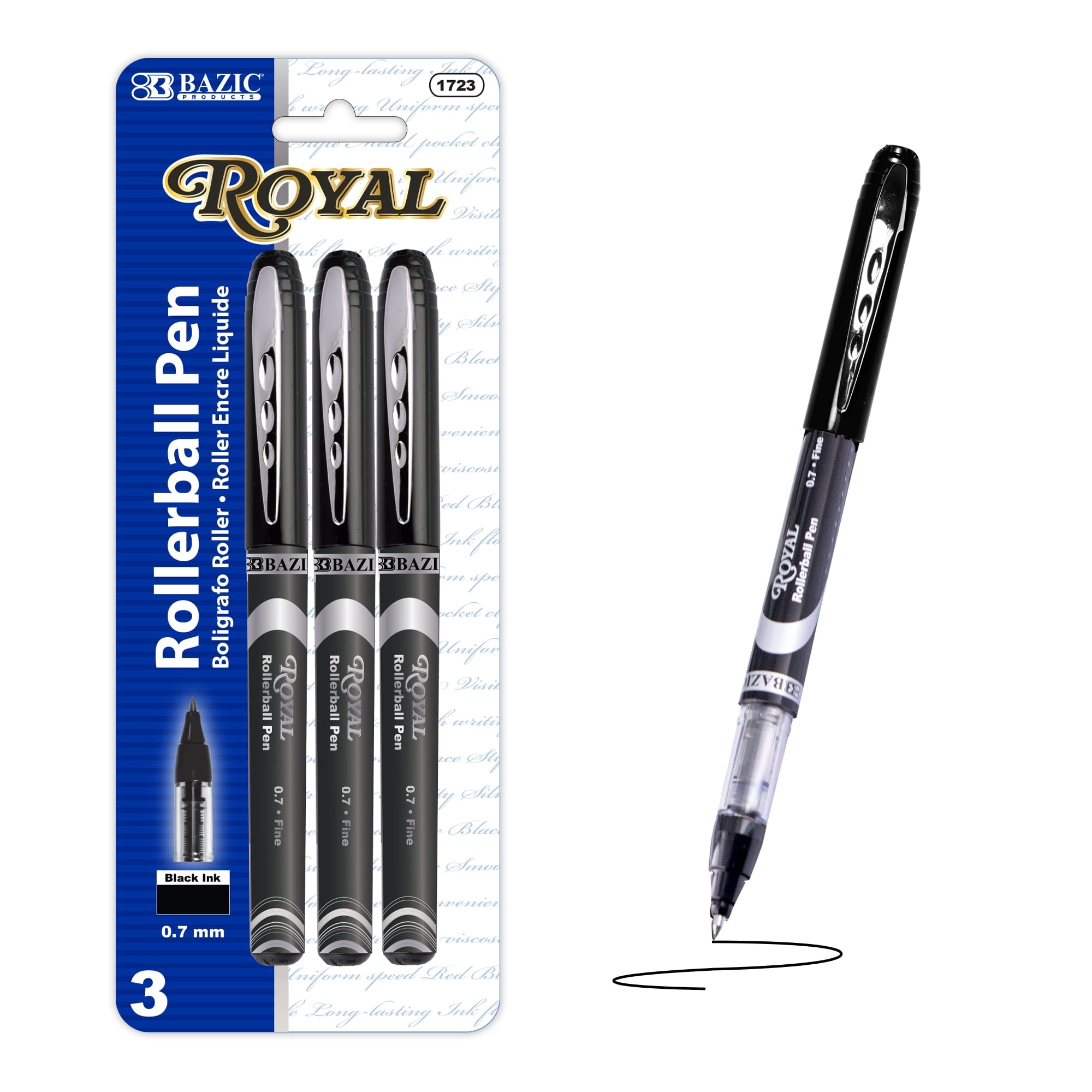BAZIC Royal Black Color Rollerball Pen 0.7mm w/ Regulator,(3/Pack), 24-Pack