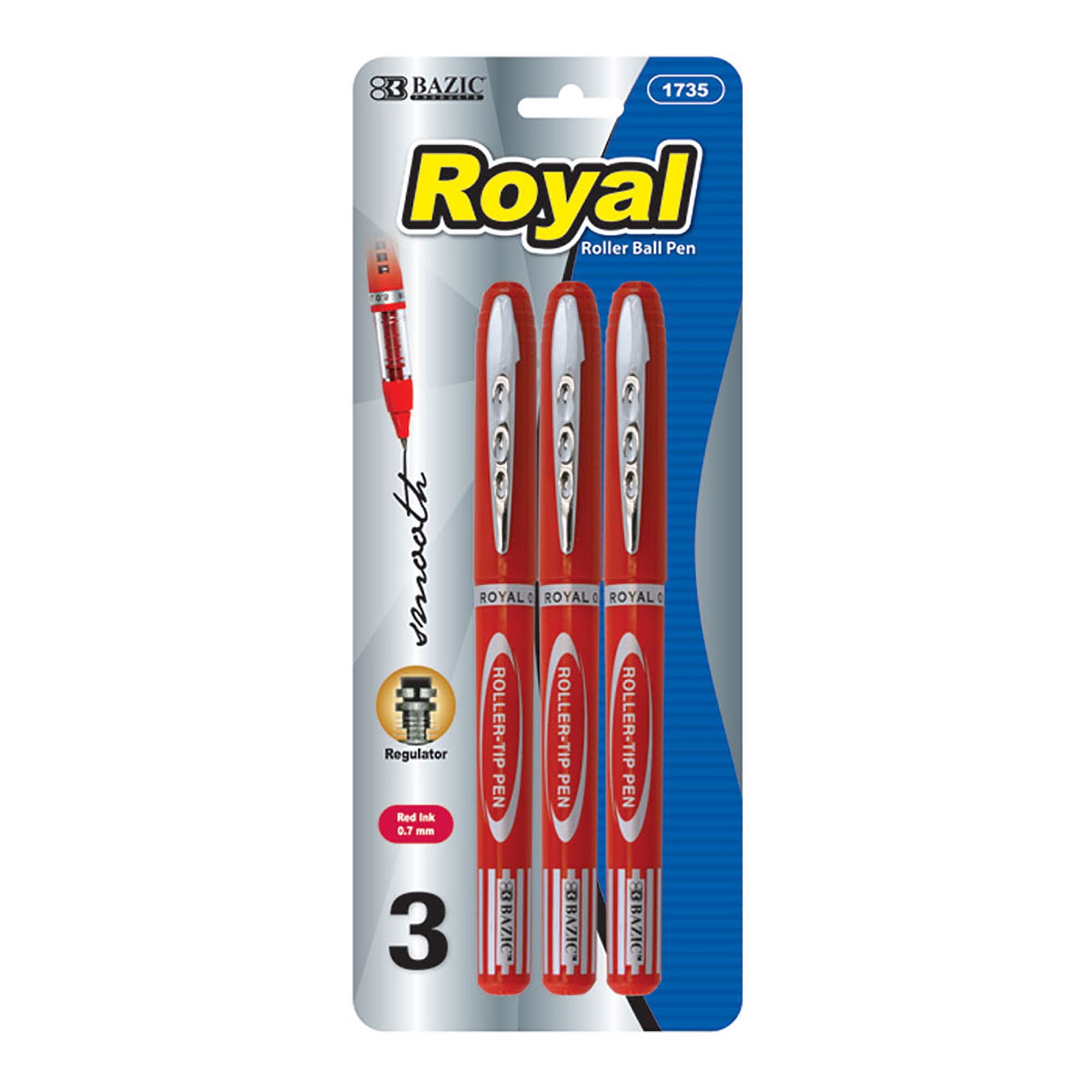 BAZIC Royal Red Color Rollerball Pen 0.7mm w/ Regulator, (3/Pack), 1-Pack