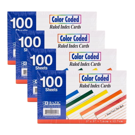 BAZIC Ruled Color Coded Index Card 3" X 5", Ruled Lined Card, 400 Count