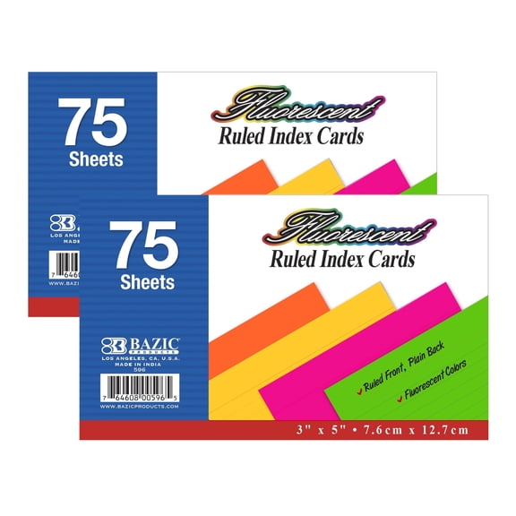 BAZIC Ruled Index Cards 3" X 5" 150 Count, Neon Color Ruled (75/Pack), 2-Packs