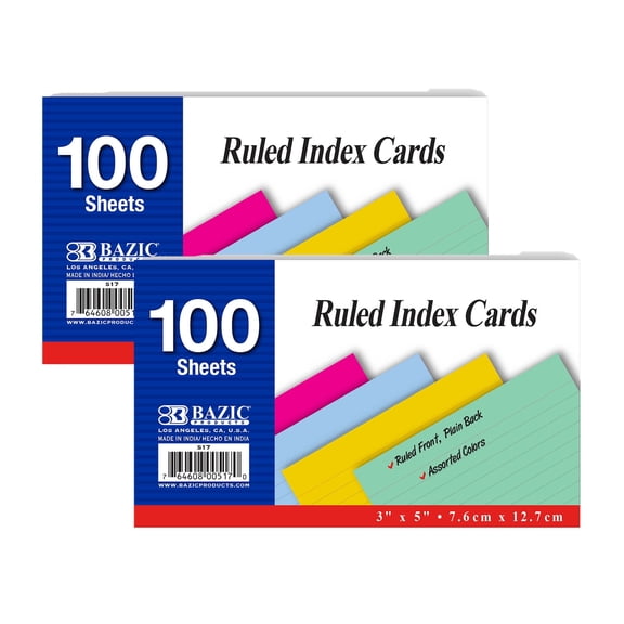 BAZIC Ruled Index Cards 3" X 5" 200 Count, Assorted Color Ruled (100/Pack), 2-Packs