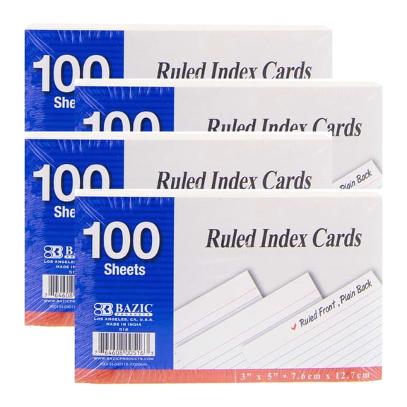 BAZIC Ruled Index Cards 3" X 5" 400 Count, White Flashcards (100/Pack), 4-Packs