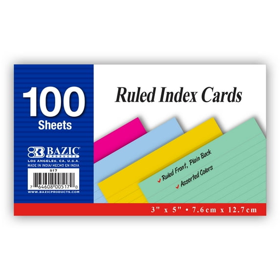 BAZIC Ruled Index Cards 3"X5" 100 Count, Assorted Color Ruled Lined Flashcards, 36-Packs
