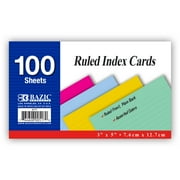 BAZIC Ruled Index Cards 3"X5" 100 Count, Assorted Color Ruled Lined Flashcards