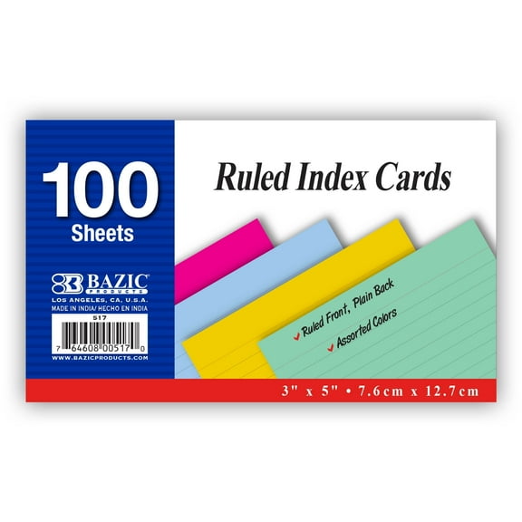BAZIC Ruled Index Cards 3"X5" 100 Count, Assorted Color Ruled Lined Flashcards
