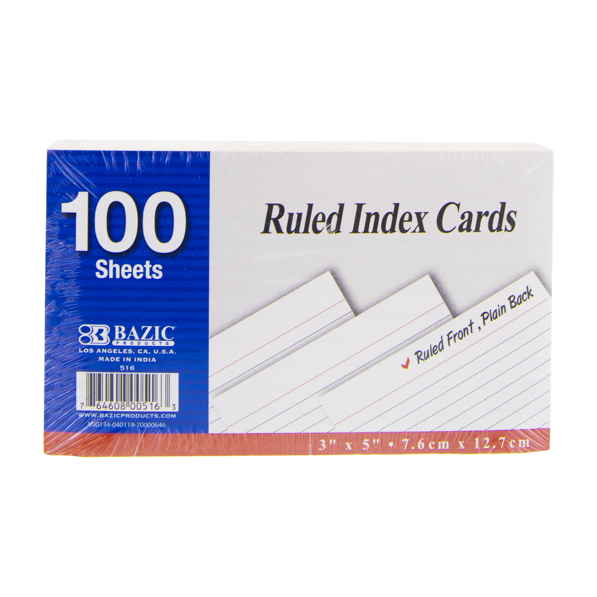 BAZIC Ruled Index Cards 3"X5" 100 Count, White Ruled Lined Flashcards 