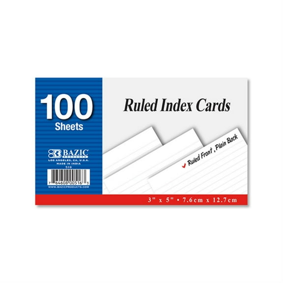 BAZIC Ruled Index Cards 3"X5" 100 Count, White Ruled Lined Flashcards
