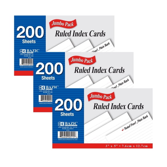 BAZIC Ruled Index Cards 3"X5" 200 Count, Ruled Lined White Flashcards, 3-Packs