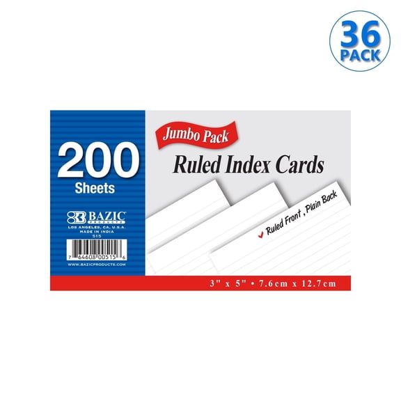 BAZIC Ruled Index Cards 3"X5" 200 Count, Ruled Lined White Flashcards, 36-Packs