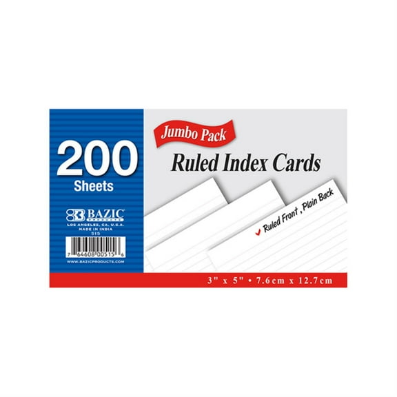 BAZIC Ruled Index Cards 3"X5" 200 Count, Ruled Lined White Flashcards