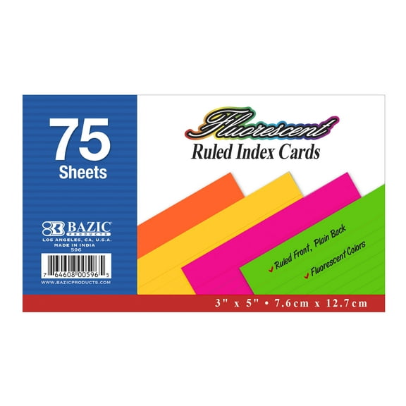 BAZIC Ruled Index Cards 3"X5" 75 Count, Neon Ruled Lined Flashcards