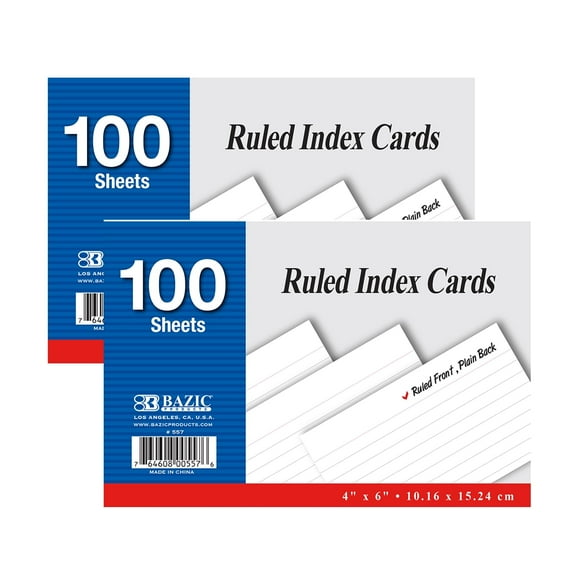 BAZIC Ruled Index Cards 4" X 6" 200 Count, White Color Ruled
