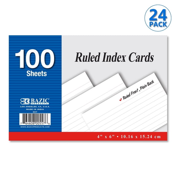 BAZIC Ruled Index Cards 4"X6" 2400 Count, White Ruled Lined Flashcards
