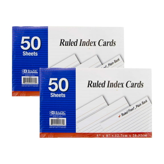 BAZIC Ruled Index Cards 5" X 8" 100 Count, White Color Ruled