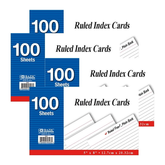BAZIC Ruled Index Cards 5" X 8" 400 Count, White Color Flashcards (100/Pack), 4-Packs
