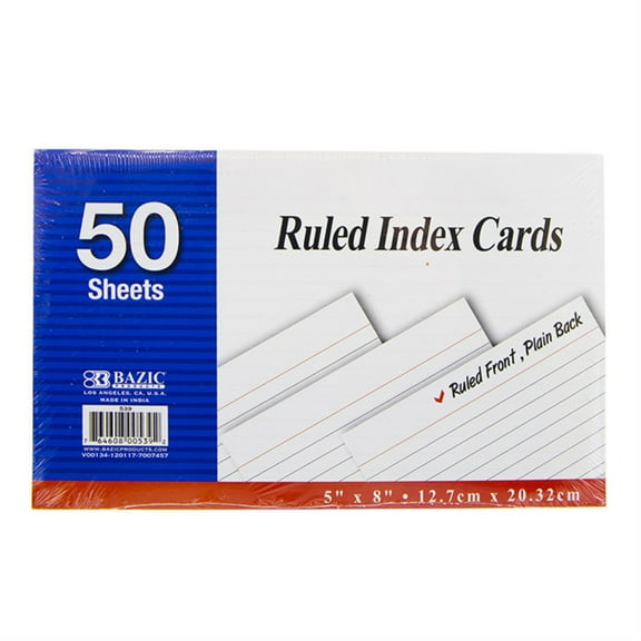 BAZIC Ruled Index Cards 5"X8" 50 Count, White Ruled Lined Flashcards