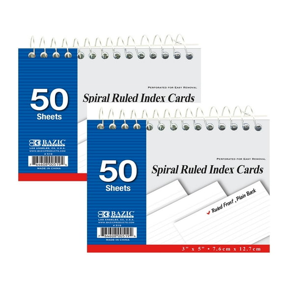 BAZIC Ruled Index Cards Book 3" X 5" 100 Count, Spiral Bound (50/Pack), 2-Packs
