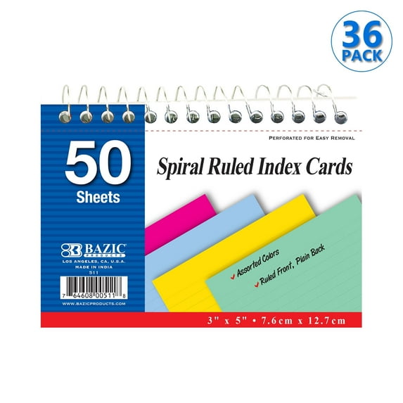 BAZIC Ruled Index Cards Book 3"X5" 1800 Count, Assorted Color Ruled Lined Flashcards