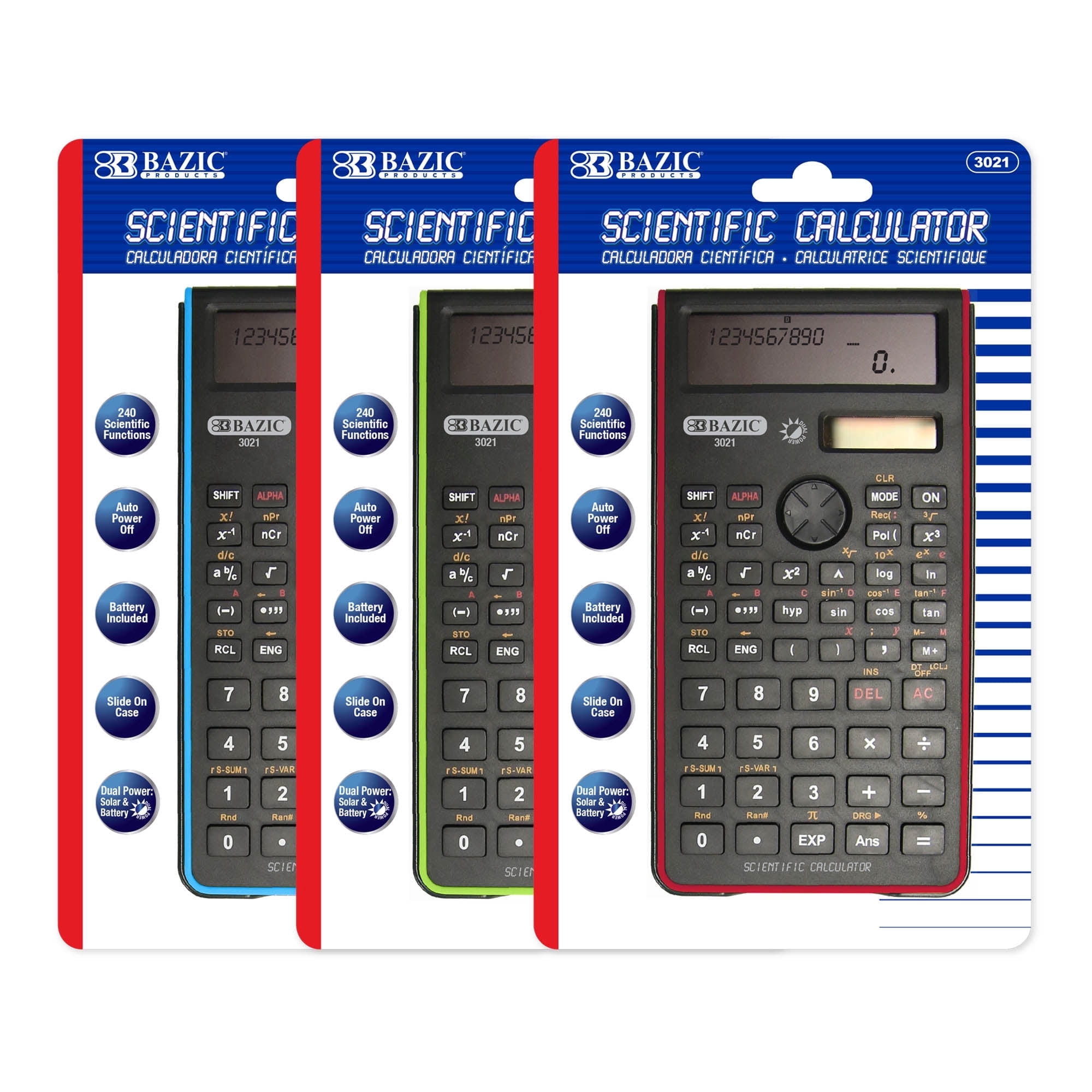 BAZIC Scientific Calculator 240 Function, Battery Solar, Slide-On Case, 12-Pack