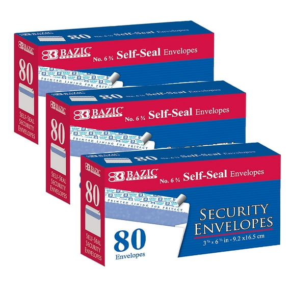 BAZIC Security Self Seal Envelope 3 5/8" x 6 1/2" #6 Tint Mailing Envelopes, 80-Count, 3-Packs