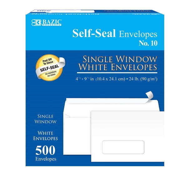 BAZIC Self Seal Security Envelope 4 1/8" x 9 1/2" #10 Single Window Mailing Envelopes, 500-Count