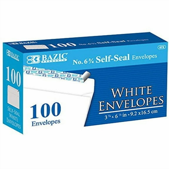 BAZIC Self Seal White Envelope 3 5/8" x 6 1/2" #6 Mailing Envelopes, 100-Count