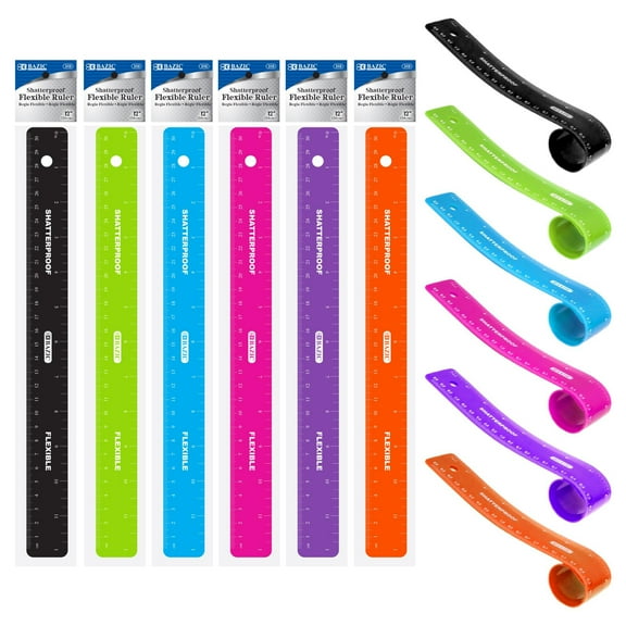BAZIC Shatterproof Flexible Curve Ruler 12" (30cm), School Supplies, 6-Pack