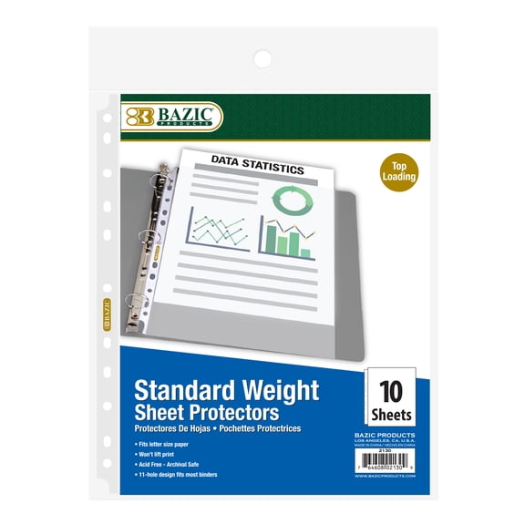 BAZIC Sheet Protectors Standard Weight, 11 Hole Binder Sleeves (10/Pack), 1-Pack