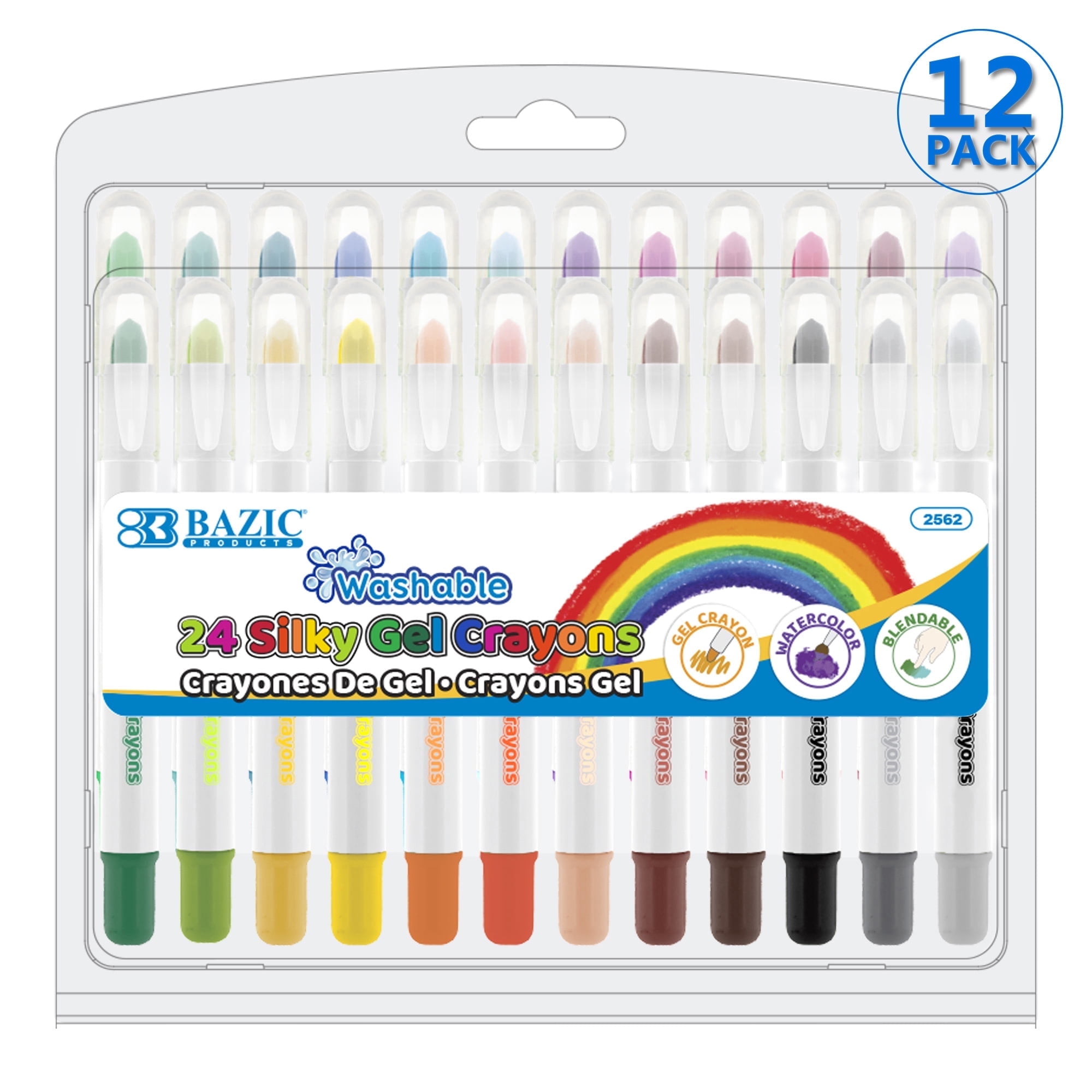BAZIC Silky Gel Crayons 24 Color, Washable Blendable Watercolor Crayon (24/Pack), 12-Packs