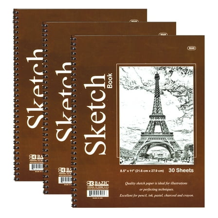 BAZIC Sketch Book 30 Ct. 8.5" X 11" Spiral Side Sketchbook Drawing Pads, 3-Pack
