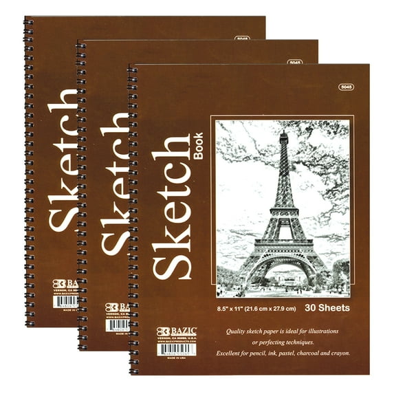 BAZIC Sketch Book 30 Ct. 8.5" X 11" Spiral Side Sketchbook Drawing Pads, 3-Pack