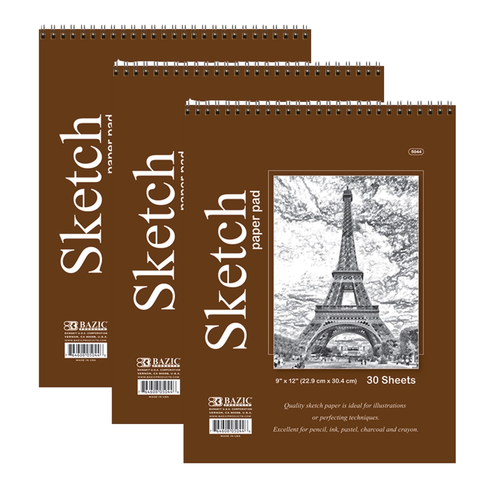 BAZIC Sketch Pad 30 Sheets 9" X 12" Top Spiral Sketchbook Drawing Pads, 3-Pack