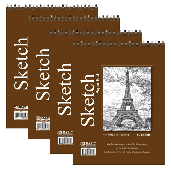 BAZIC Sketch Pad 50 Sheet 6" X 8" Top Spiral Sketchbook Drawing Pads, 4-Pack