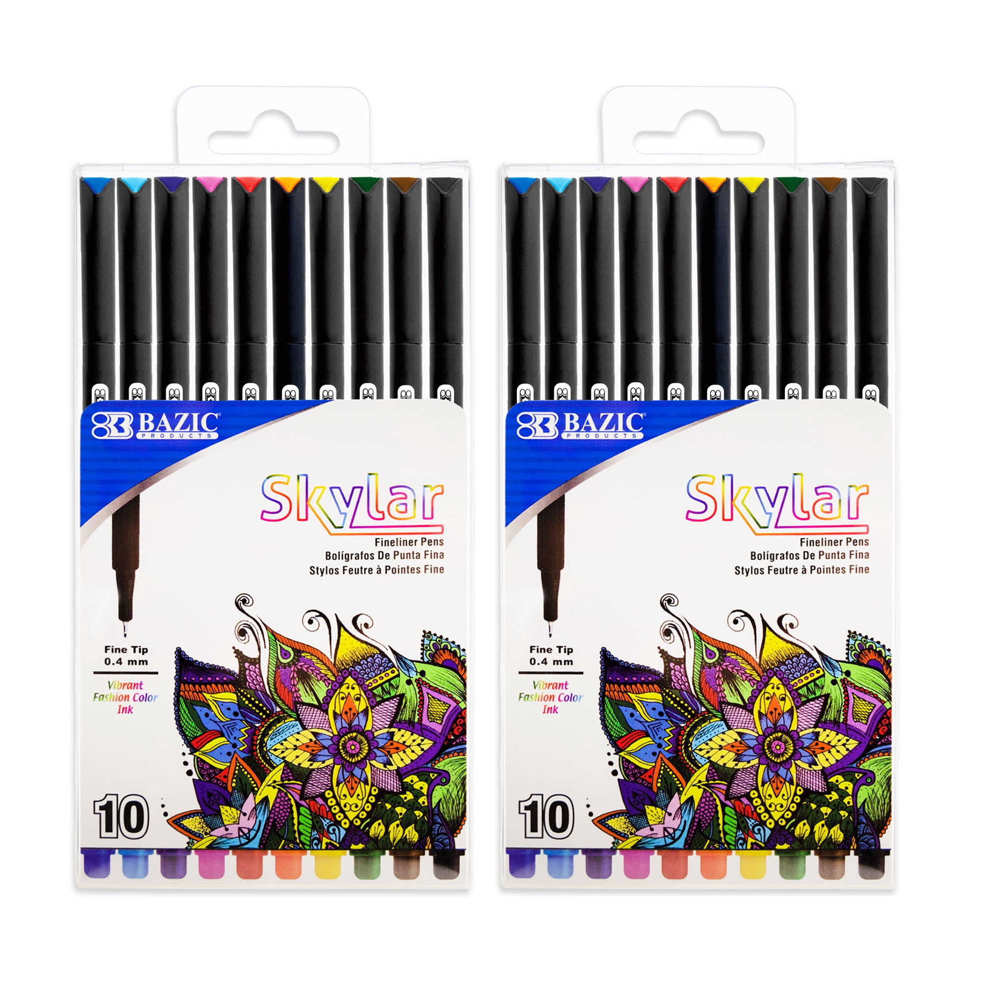 BAZIC Skylar Fineliner Pen, Fine Tip 0.4mm Pens, Assorted Colors, 10 Count, 2-Packs