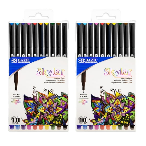 BAZIC Skylar Fineliner Pen, Fine Tip 0.4mm Pens, Assorted Colors, 10 Count, 2-Packs