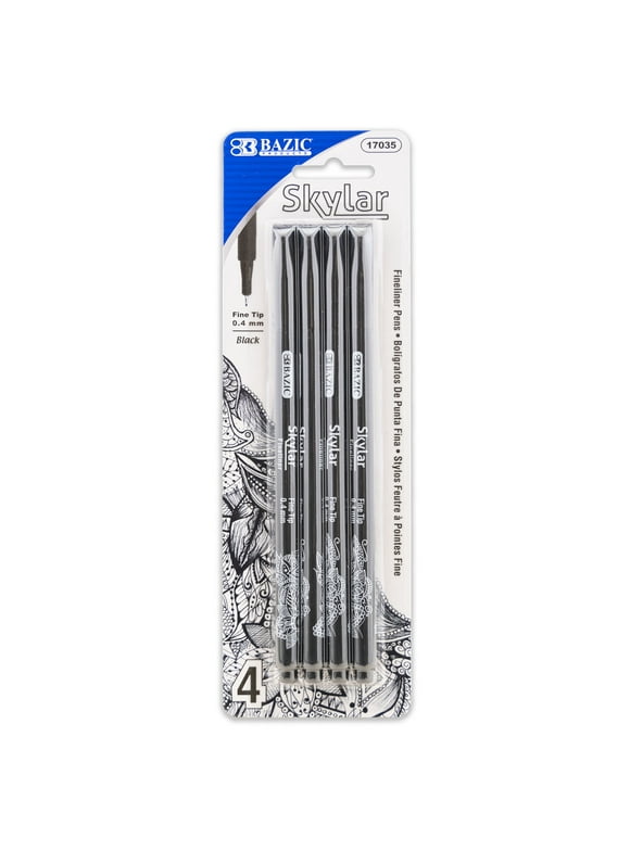 BAZIC Skylar Fineliner Pen, Fine Tip 0.4mm Pens, Black Ink, 4 Count, 1-Pack