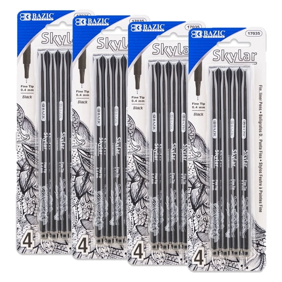 BAZIC Skylar Black Fineliner Pens, 0.4mm Ultra-Fine, 4 Count