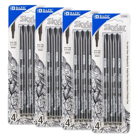 BAZIC Skylar Fineliner Pen, Fine Tip 0.4mm Pens, Black Ink, 4 Count, 4-Packs
