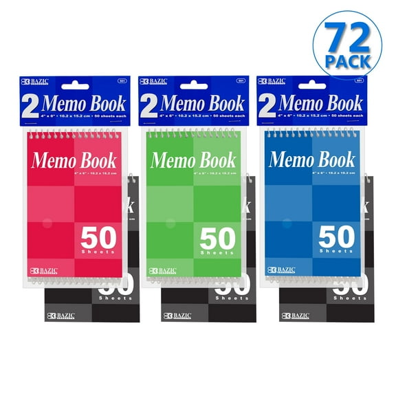 BAZIC Small Notebook Memo Size Pad, 4"x6" Spiral Top Bound, 50 Sheets Wirebound Pocket Notebooks, Total 144 count