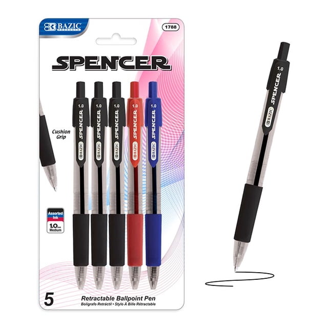 BAZIC Spencer Assorted Color Retractable Pens, Soft Grip 1.0 mm (5/Pack), 1-Pack