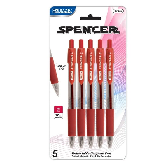 BAZIC Ballpoint Spencer Red Retractable Pen Soft Grip 1.0 mm, (5/Pack), 1-Pack