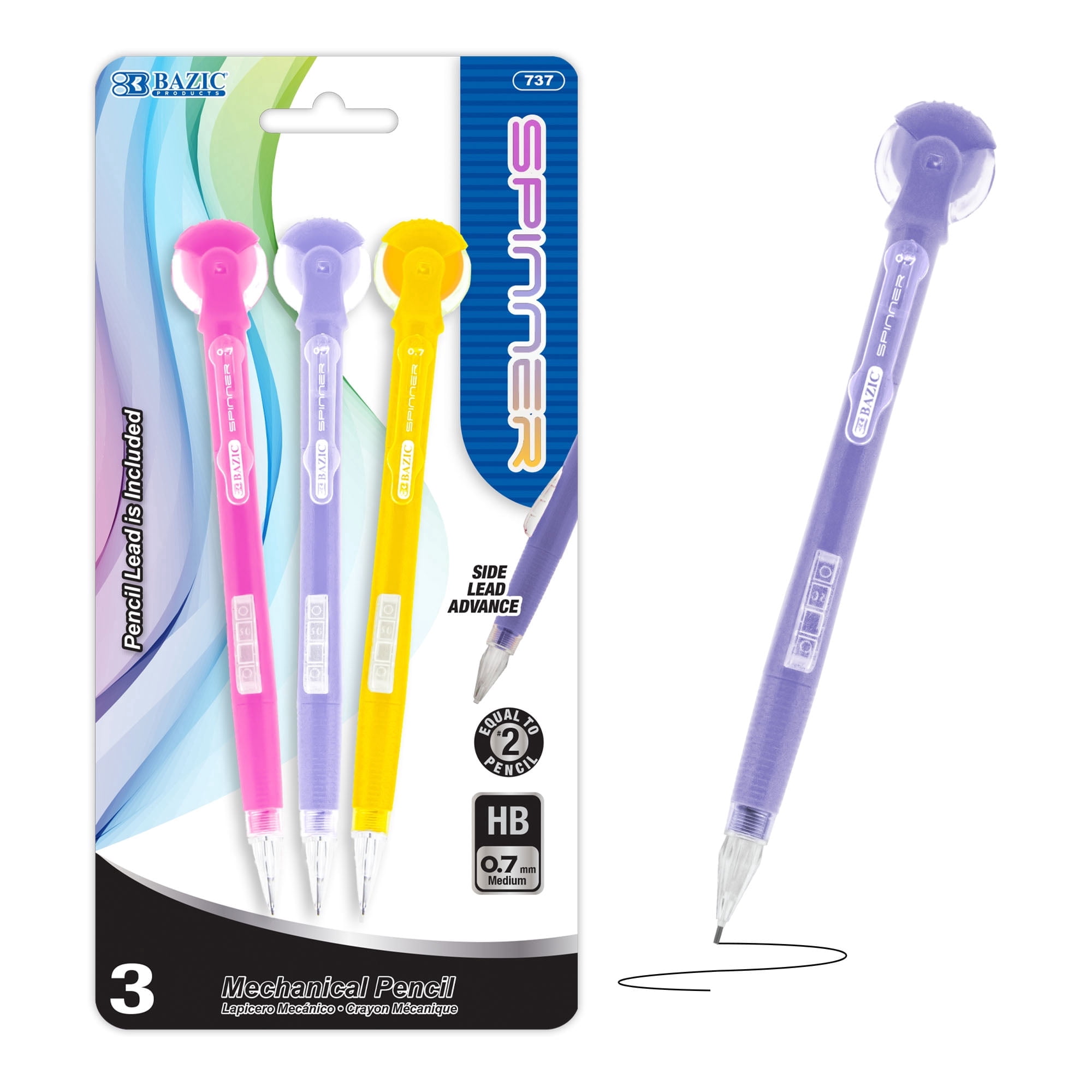 BAZIC Spinner Mechanical Pencil 0.7mm, Latex Free Eraser, (3/Pack), 24-Pack
