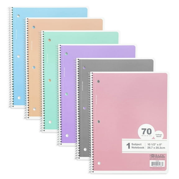 BAZIC Spiral Notebook, 1 Subject, College Ruled Paper 8" x 10-1/2", 70 Sheets, Assorted Pastel Color, 24-Pack