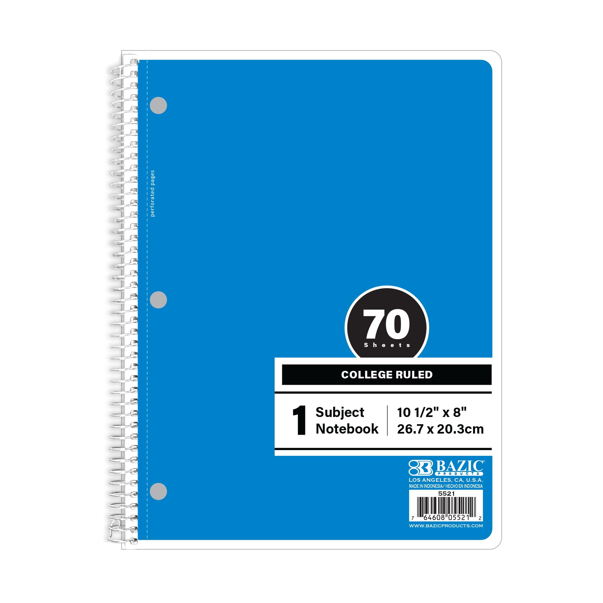BAZIC Spiral Notebook, 1 Subject, College Ruled Paper 8" x 10-1/2", 70 Sheets Blue Cover, 24-Count
