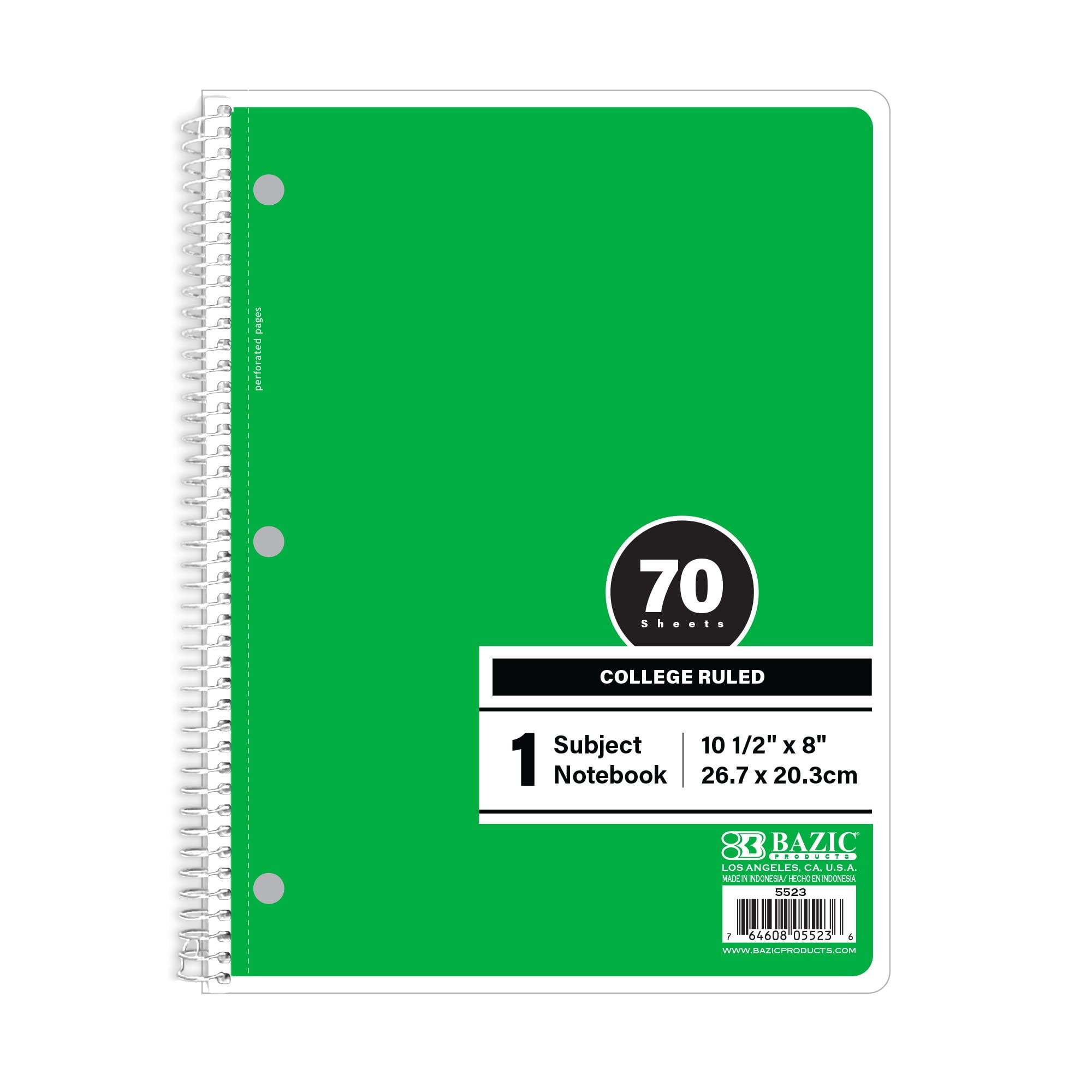 BAZIC Spiral Notebook, 1 Subject, College Ruled Paper 8" x 10-1/2", 70 Sheets Green Cover, 1 Count