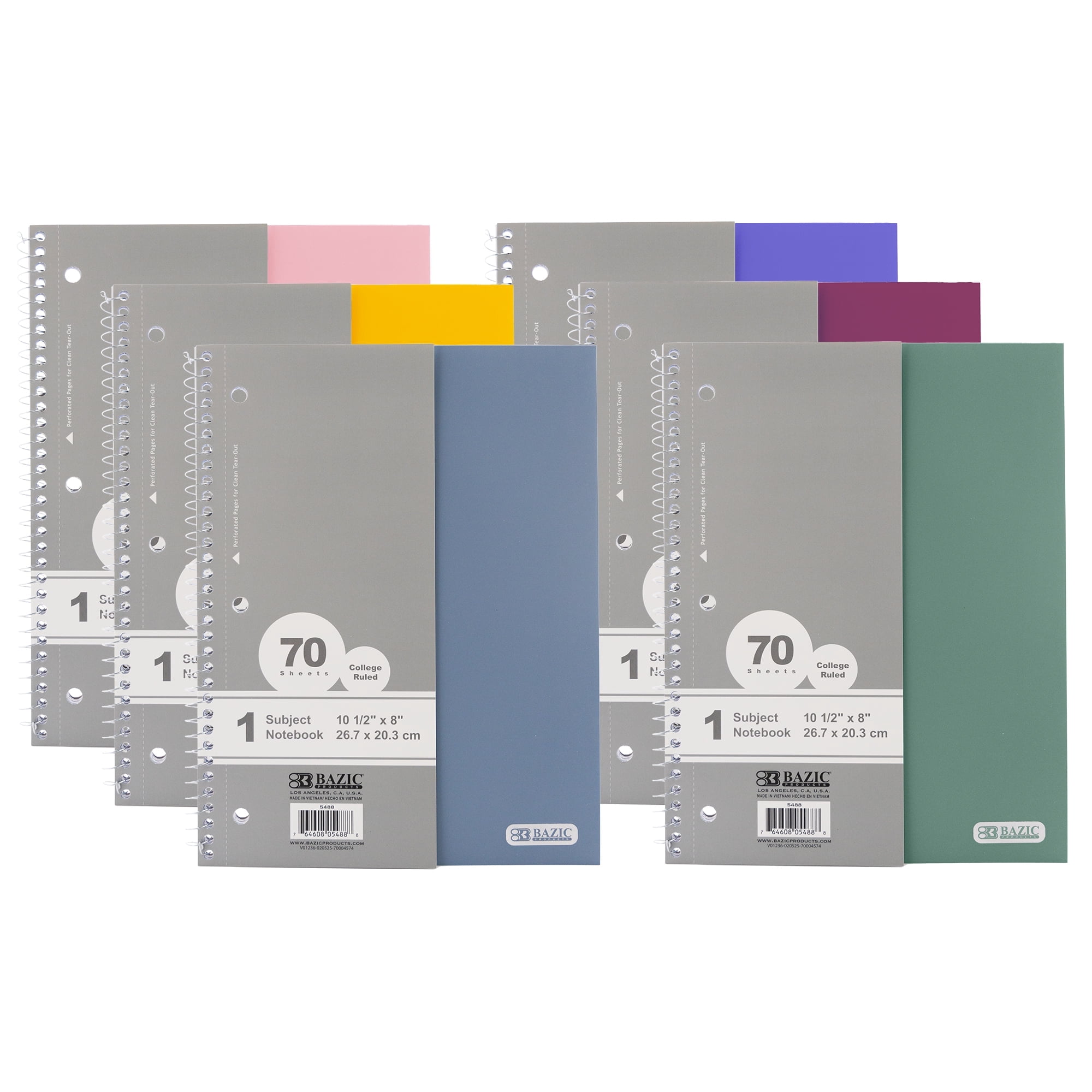 BAZIC Spiral Notebook, 1 Subject, College Ruled Paper 8" x 10-1/2", 70 Sheets Poly Cover, Assorted Color, 6-Pack