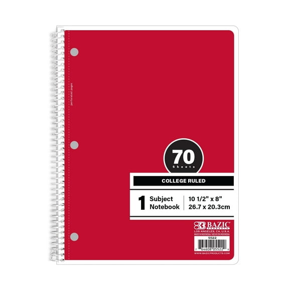BAZIC Spiral Notebook, 1 Subject, College Ruled Paper 8" x 10-1/2", 70 Sheets Red Cover, 24-Count