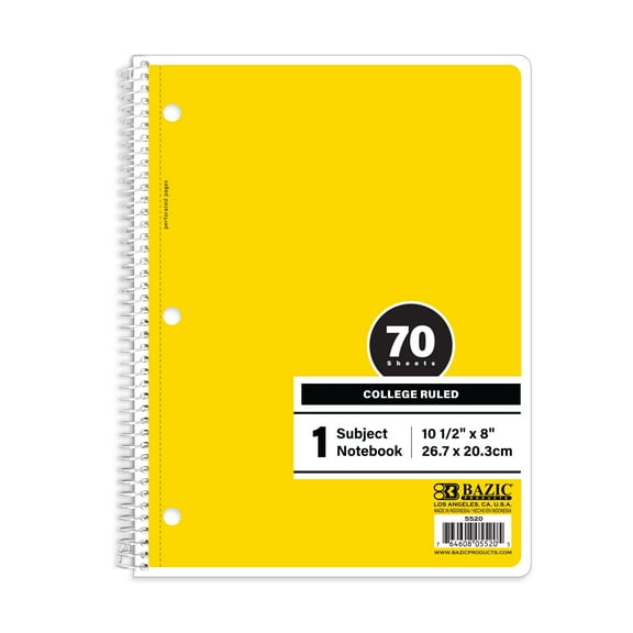 BAZIC Spiral Notebook, 1 Subject, College Ruled Paper 8" x 10-1/2", 70 Sheets Yellow Cover, 24-Count