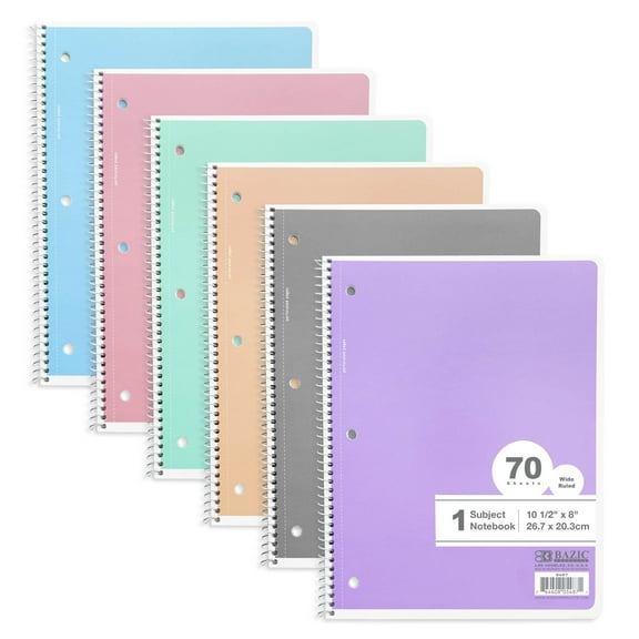 BAZIC Spiral Notebook, 1 Subject, Wide Ruled Paper 8" x 10-1/2", 70 Sheets, Assorted Pastel Color, 6-Pack